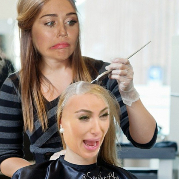 Miley Cyrus Dyeing Kim Kardashian S Hair Blond Looks Like A Hot Mess Miley Cyrus Kim Kardashian